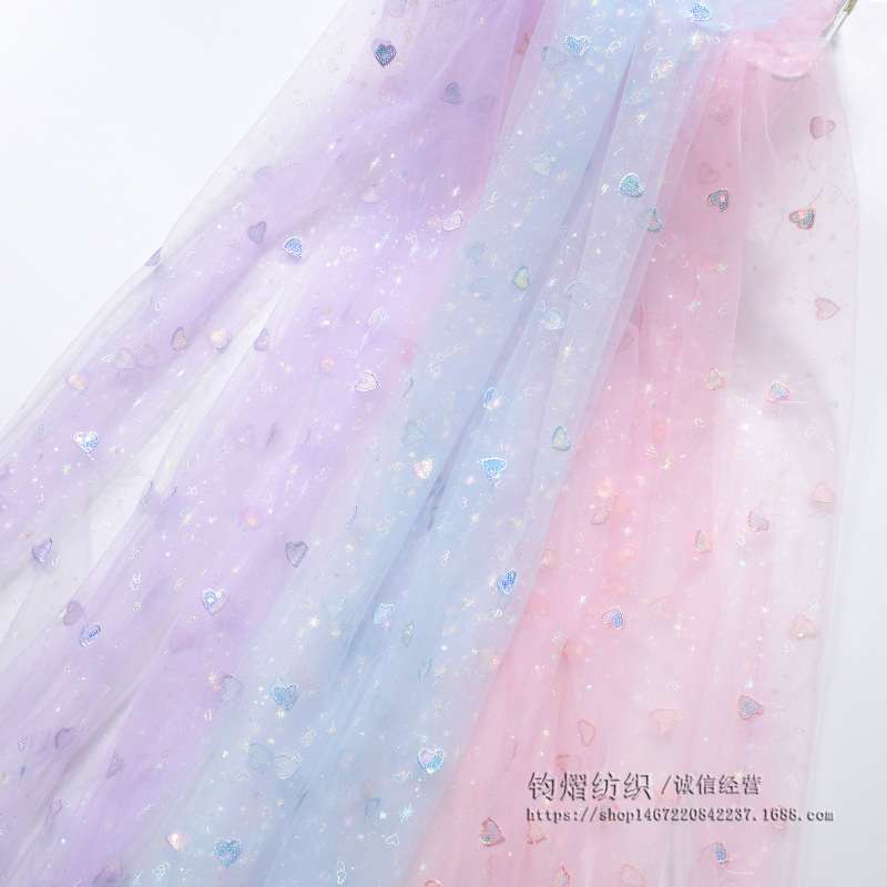 亮片网纱布料立体爱心绣片网纱幻彩星星桃心纱公主裙连衣裙面料