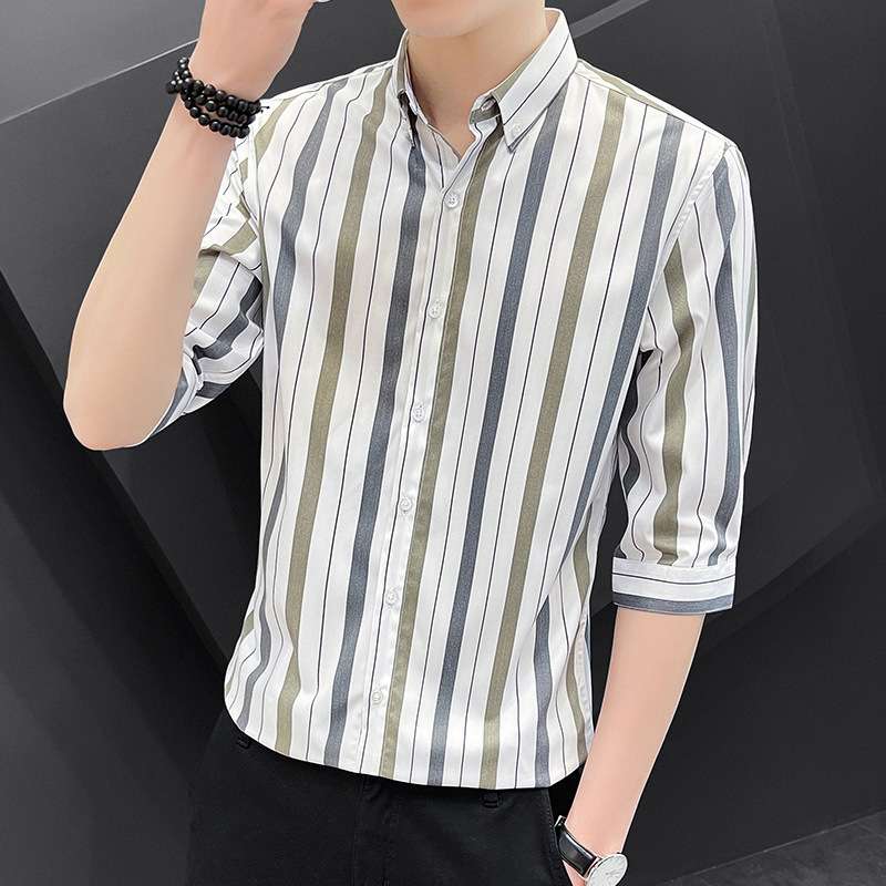 2023夏季新款冰丝七分袖衬衫男士韩版休闲轻商务修身竖条纹衬衣条