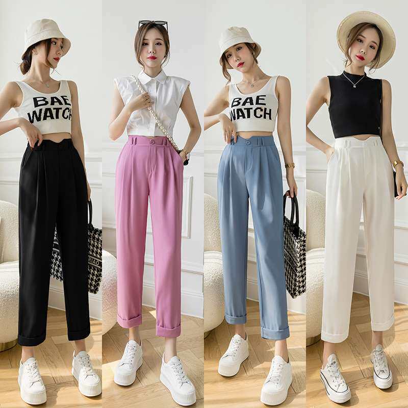 彩色西装裤女2024夏薄款糖果色气质九分小脚裤百搭宽松显瘦休闲裤