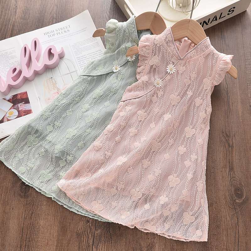 新中式夏季新品 无袖女童连衣裙 绿色旗袍蕾丝小清新夏季连衣裙