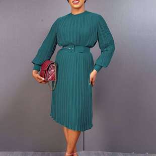 D355P配腰带欧美大码女装2023春新款时尚压褶宽松气质外贸连衣裙