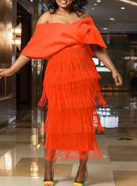 D369女装夏新款时尚气质V领露肩流苏派对宴会礼服欧美连衣裙