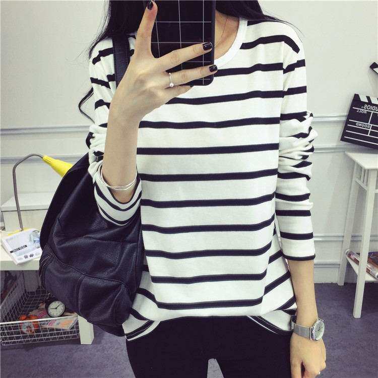 春秋季学生女装衣服修身百搭女士打底衫上衣圆领条纹长袖T恤