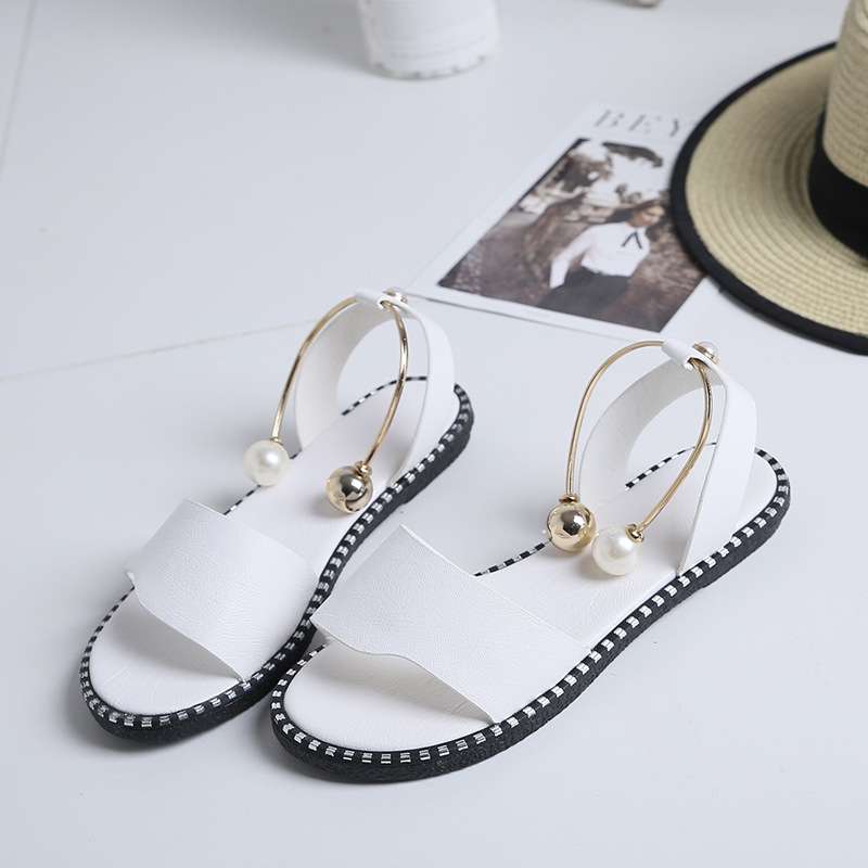 新款欧美平底珍珠外贸凉鞋女大码pvc面料一字室外凉拖鞋wish