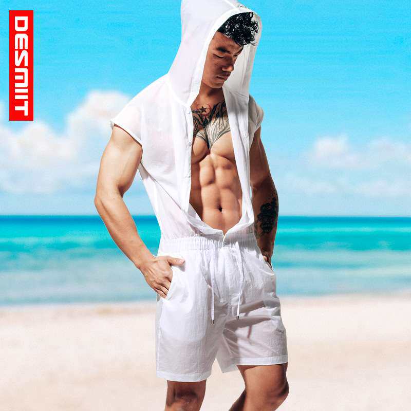 新品desmiit夏季男士薄款无袖防晒服沙滩短款连体衣潮男T
