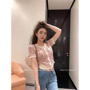 2024春季新款条纹针织衫薄款女小香风短袖粉色开衫t恤上衣