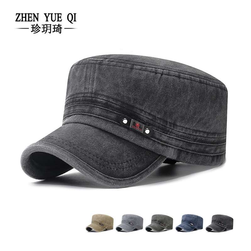 珍玥琦新款水洗帽子做旧棉布平顶秋冬鸭舌帽户外透气褪色遮阳帽男