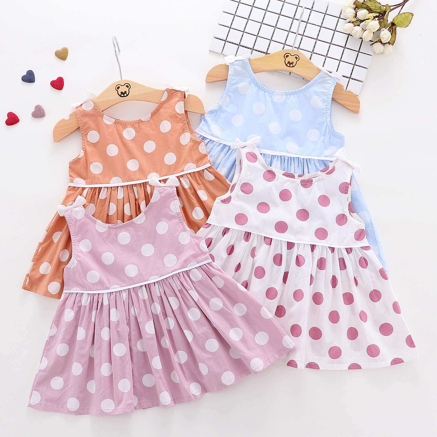 A童装夏季新品女童双肩蝴蝶结大圆点棉布连衣裙精品童装