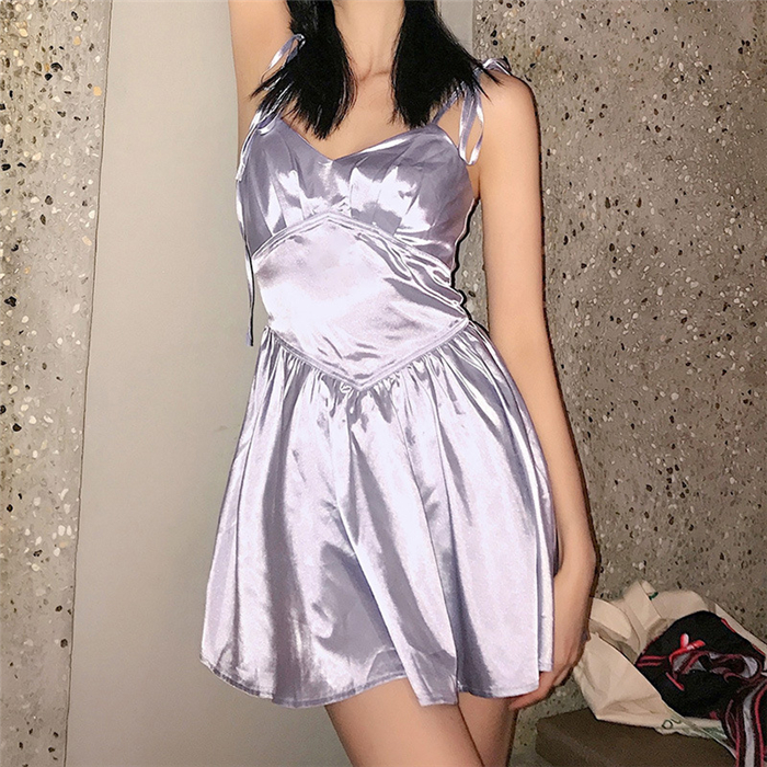 束腰荷叶边吊带连衣裙短裙 платье sexy silk sling dress