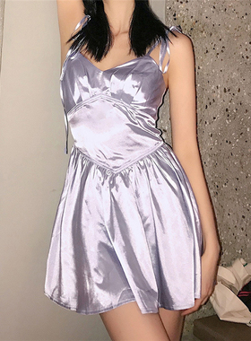 束腰荷叶边吊带连衣裙短裙 платье sexy silk sling dress
