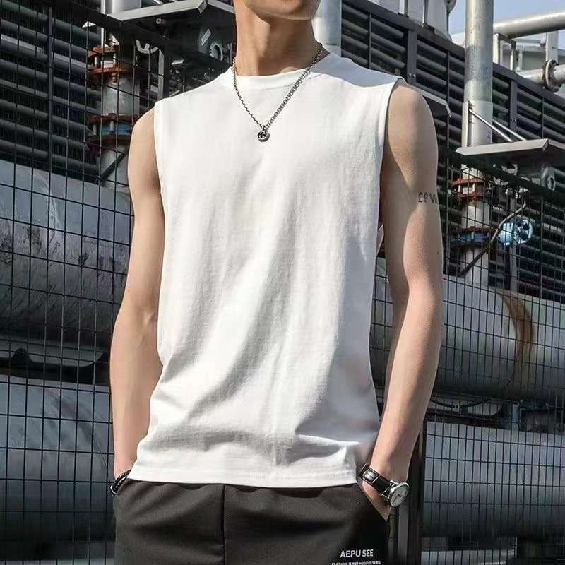 纯色运动背心男士宽松夏T季潮健身无袖坎肩白色打底衫短袖t恤
