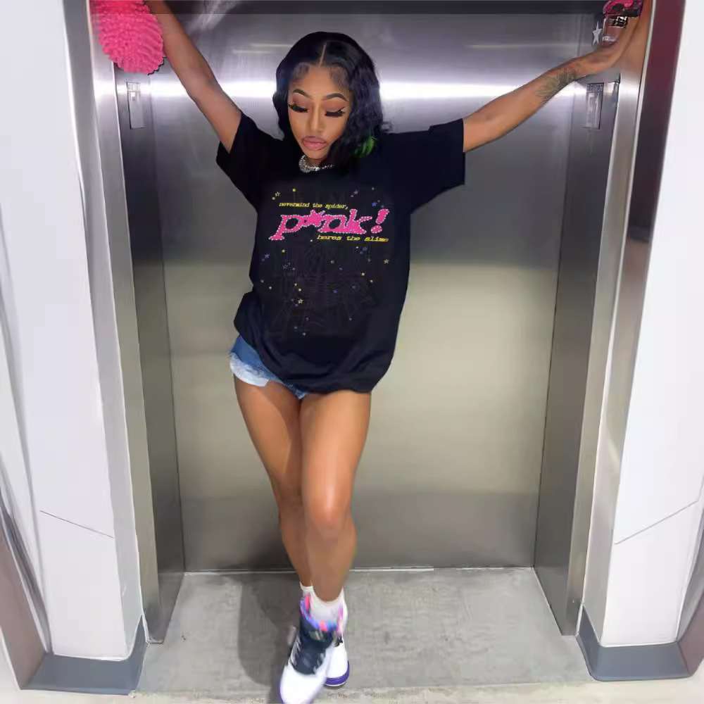 Sp5der 555555蛛网印花宽松休闲小众潮牌男女情侣纯棉街头潮牌T恤