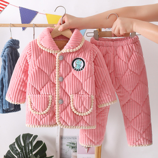 冬季儿童睡衣法兰绒女童三层夹棉加绒加厚款珊瑚绒冬款宝宝家居服