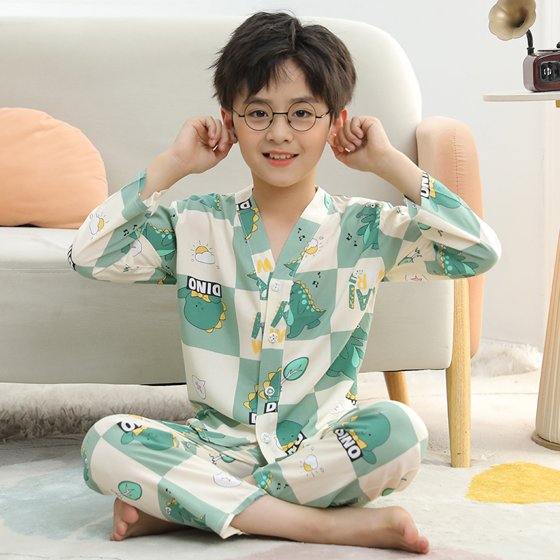 夏季儿童棉绸睡衣男童女童男孩子夏天绵绸薄款空调家居服套装v领