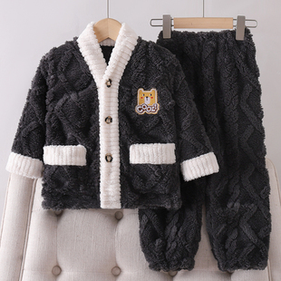 2025新款儿童睡衣男童女童法兰绒男孩冬天加厚款珊瑚绒家居服套装