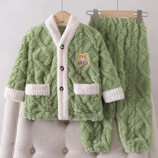 秋冬季儿童法兰绒睡衣男童女童珊瑚绒加厚款男孩子宝宝家居服套装