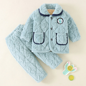 珊瑚绒套装 秋冬季 儿童睡衣男童男孩三层夹棉提花法兰绒女童加厚款