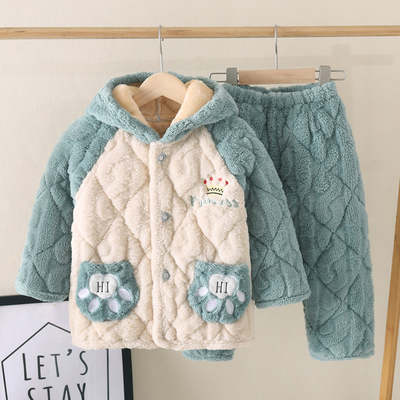 法兰绒儿童睡衣三层加厚拼接冬季