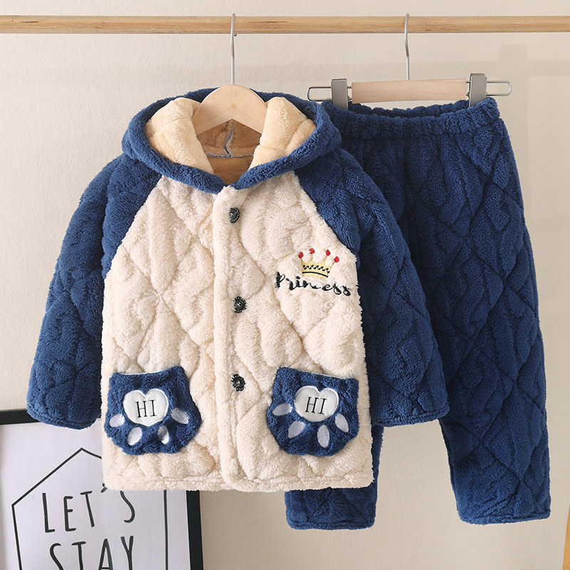 冬季儿童睡衣男童2025新款男孩子珊瑚绒冬天三层加棉加厚款法兰绒