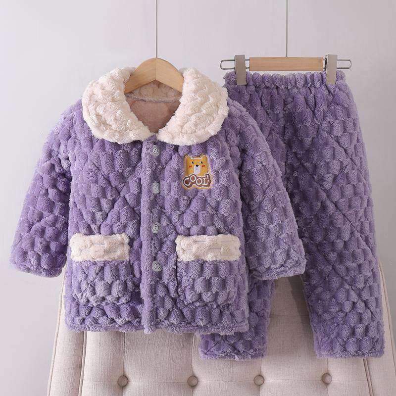 秋冬季儿童睡衣加厚款女童法兰绒三层夹棉冬天宝宝珊瑚绒保暖套装