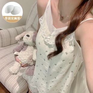 夏季 薄款 云朵棉吊带短裤 睡衣女碎花带胸垫蕾丝甜美纯欲家居服套装