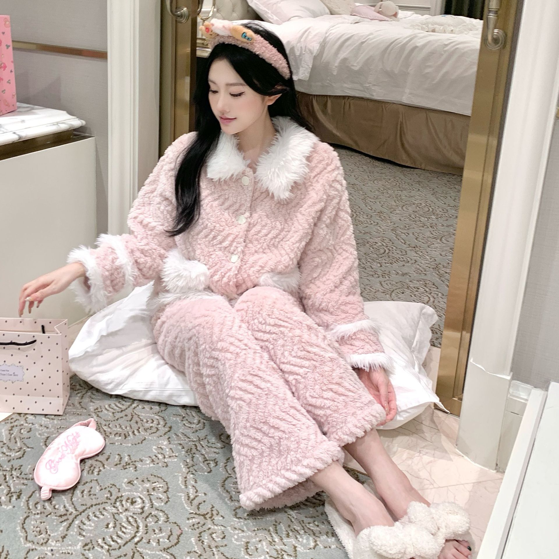 秋冬季珊瑚绒开衫睡衣女