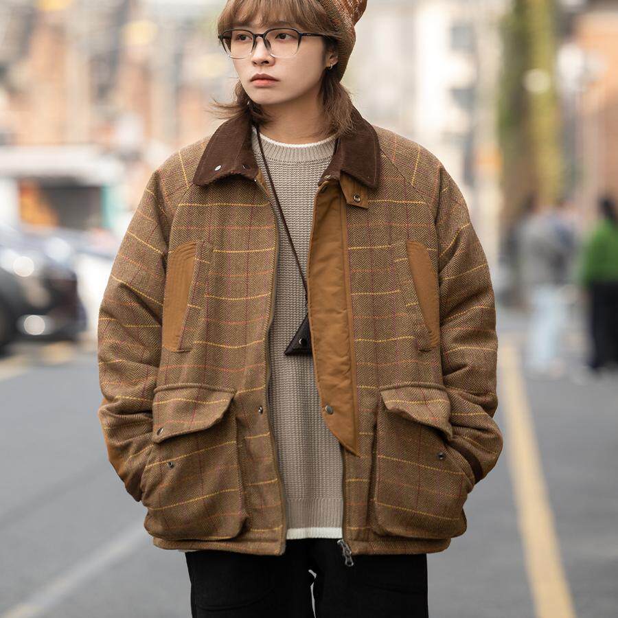弎狸TIP 美式复古撞色拼接格子羊毛猎装夹克棉服男女宽松夹棉外套,男装,棉衣,淘宝优惠券,粉丝福利购,淘宝优惠卷