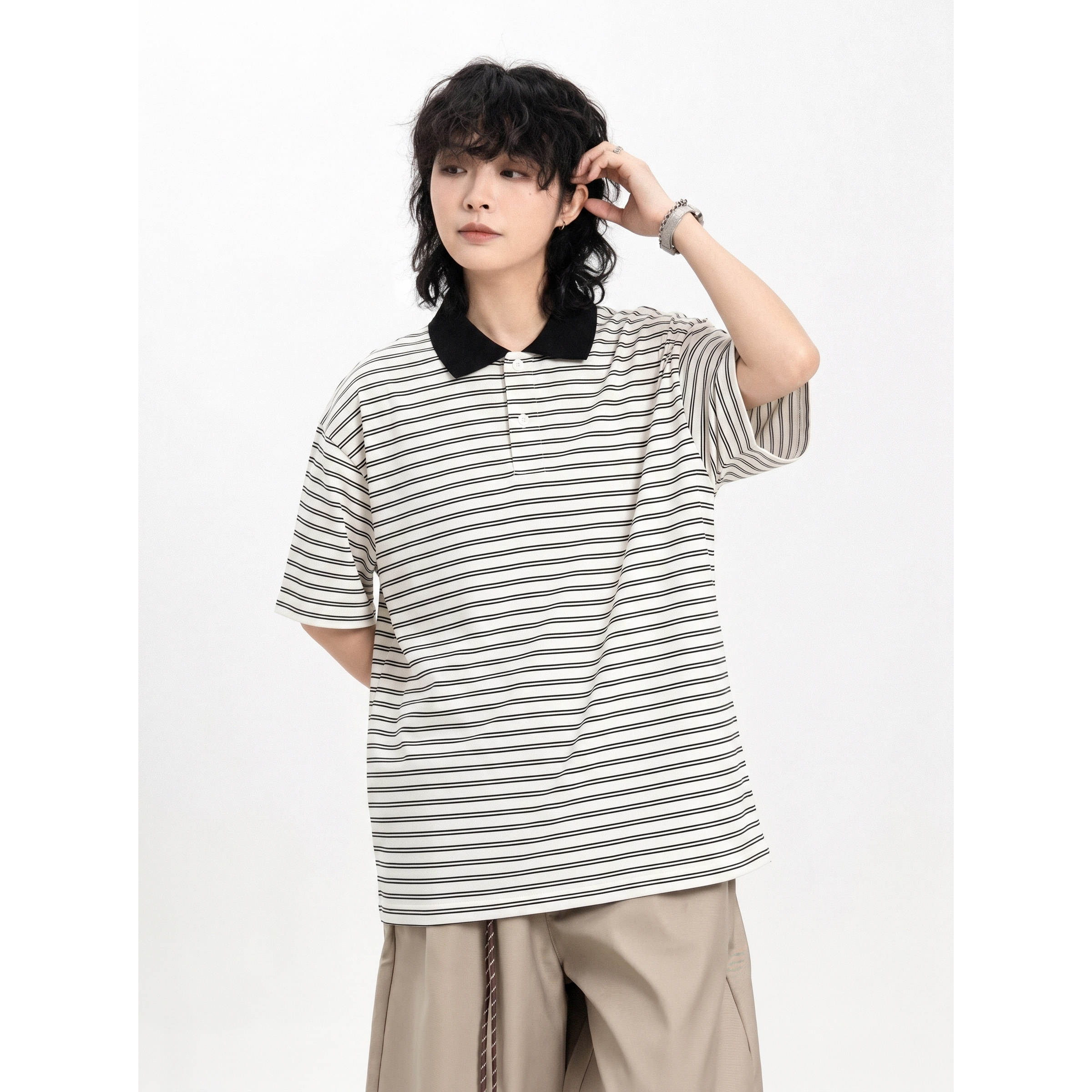 弎狸TIP 夏季美式复古条纹短袖POLO衫男女潮牌街头宽松情侣体恤衫