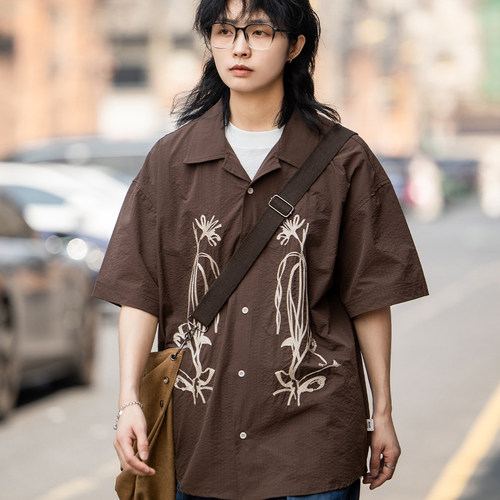 弎狸TIP 夏季国风莲花古巴领短袖衬衫男女休闲宽松翻领工装衬衣潮