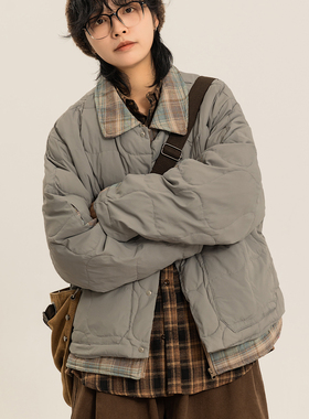 弎狸TIP 冬季新款日系复古风假两件拼接彩格翻领绗线羽绒服男女潮