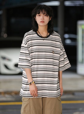 狸TIP日系复古条纹短袖T恤夏季宽松情侣圆领五分袖撞色上衣潮牌