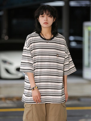 狸TIP日系复古条纹短袖T恤夏季宽松情侣圆领五分袖撞色上衣潮牌