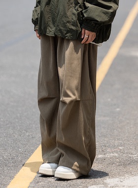 弎狸TIP 日系复古褶皱束脚休闲裤男女灯芯绒慵懒风百搭直筒长裤潮