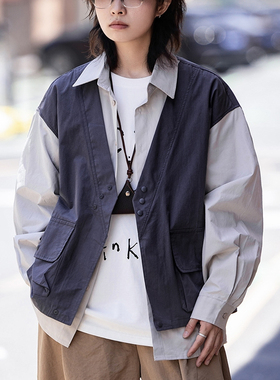 弎狸TIP 日系复古假两件拼接长袖工装衬衫宽松潮流百搭休闲衬衣潮