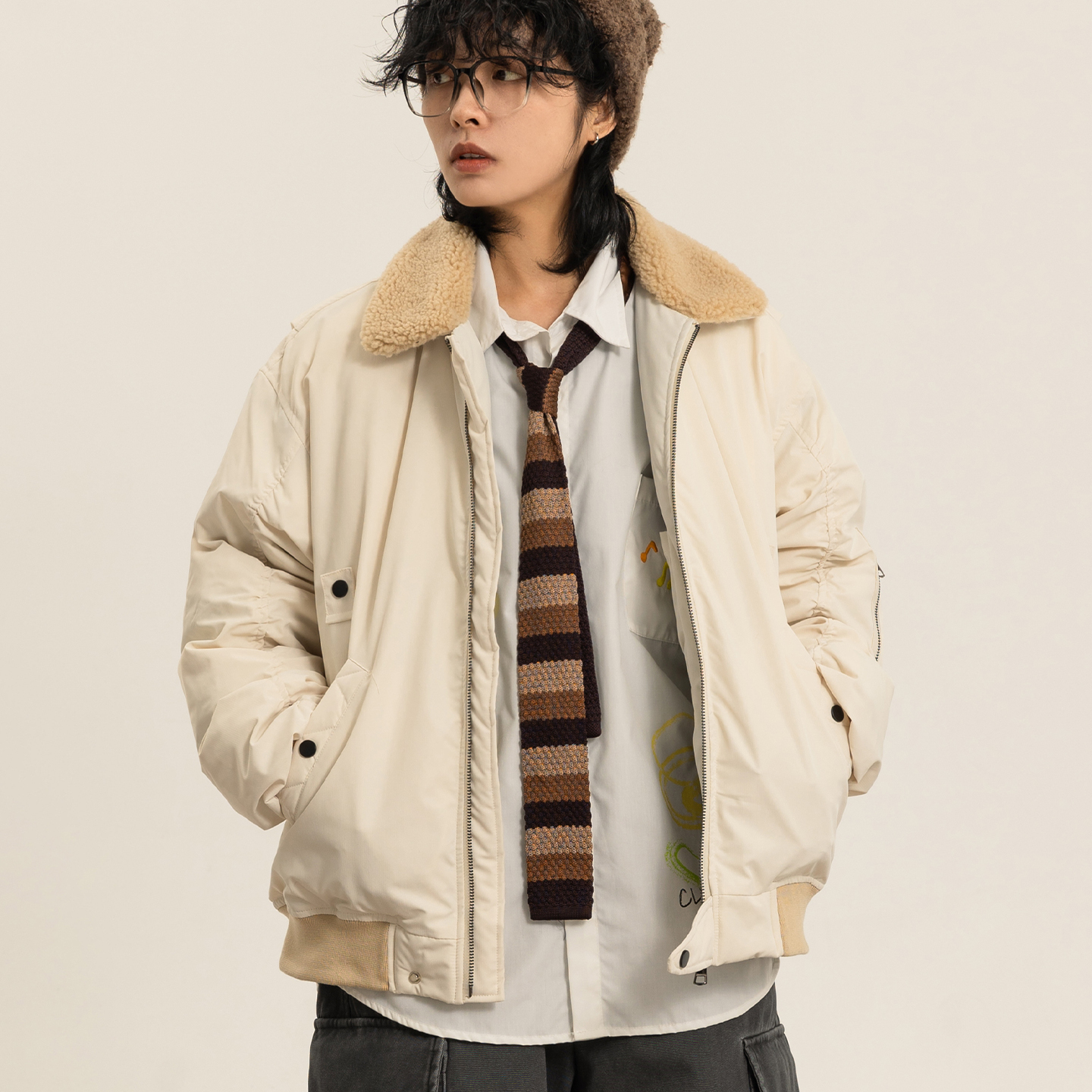 日系工装风毛领羽绒服