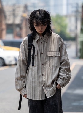 弎狸TIP 秋季复古山系潮牌工装贴袋长袖衬衣男女宽松休闲条纹衬衫