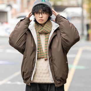 日系复古工装连帽假两件羽绒服男女宽松休闲百搭情侣加厚保暖外套