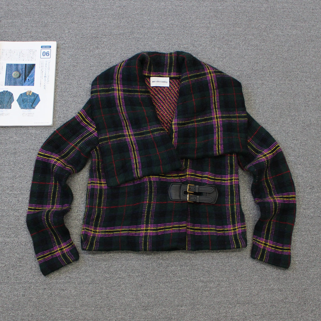 乐福佬仁女装 皮扣大翻领格子羊毛混织针织外套we shi today 12