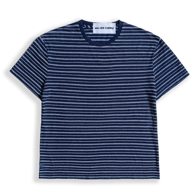 乐福佬仁男装 70%棉30%麻混纺靛蓝条纹圆领T恤we shi today D16