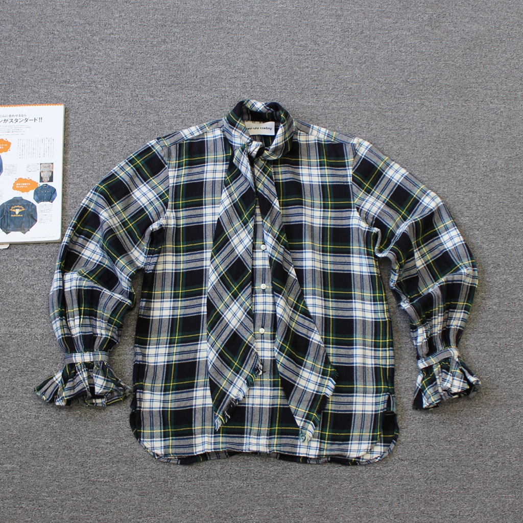 乐福佬仁女装 磨毛格子翻领绑带纯棉长袖衬衫we shi today D16