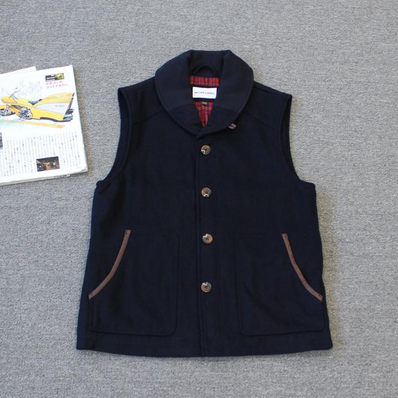 澳喂丝男装 拼皮翻领羊毛马甲外套we shi today D15