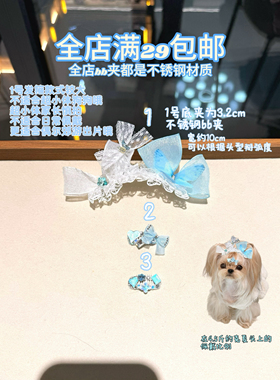 原创宠物发夹bb夹蓝色蝴蝶不锈钢发卡顶夹满钻仙气狗头饰马尔济斯