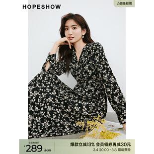 女装 泡泡袖 超好看连衣裙春季 V领黑色雪纺长袖 碎花裙 2024新款 红袖