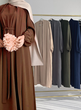 Open Abaky Dubai Women Kimono 马来纯色开衫长袍女