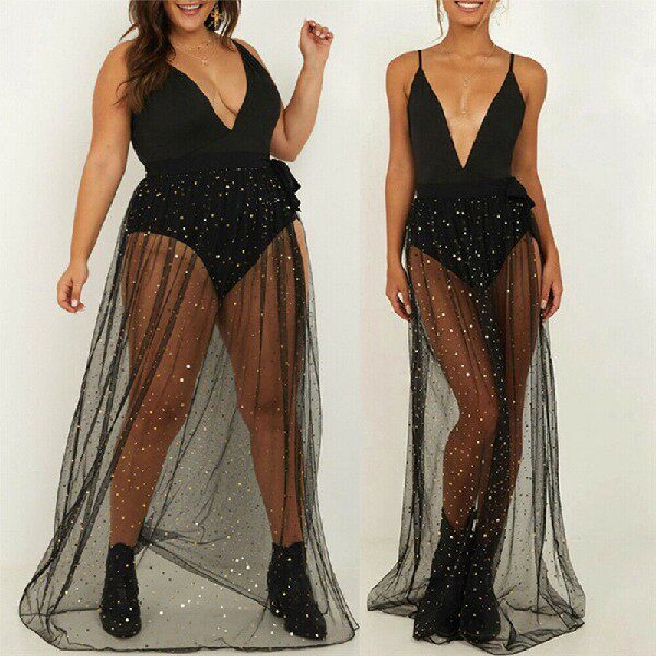 Women shiny sequins Bikini Cover up Mesh Maxi Wrap Skirt