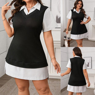 women 假两件胖MM连衣裙 plus summer 4XL大码 女装 size dress