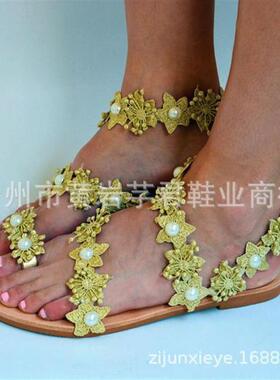 亚马逊wish2021外贸夏季新款罗马平底花朵套趾女士大码43码凉鞋女
