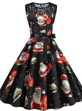 C6090跨境女装货源蕾丝圆领无袖印花复古大摆连衣裙