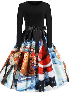 L9131圣诞节货源赫本复古女装秋冬季圆领长袖定位印花大摆连衣裙