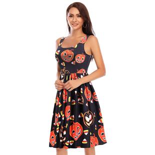 L8099 厂家货源性感背心印花赫本风复古大摆裙 跨境外贸万圣节女装